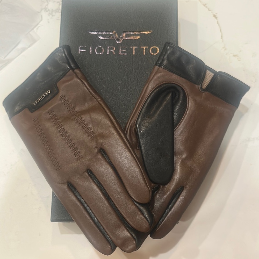 FIORETTO Brown Leather wool cashmere Gloves with Black Design Size L/10